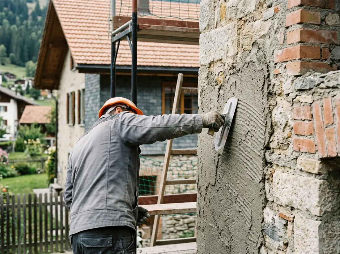 Exemple : application de crépi sur façade maçonnée en Suisse romande