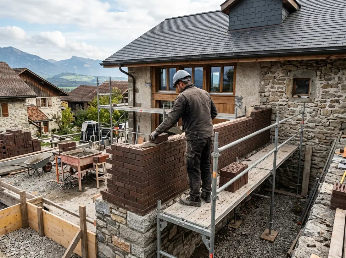 Exemple : extension maçonnée en cours sur villa en Suisse romande