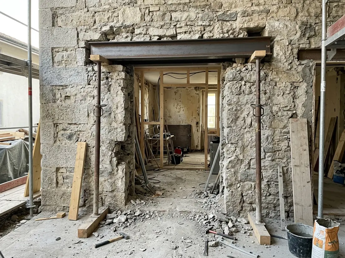 Exemple : ouverture de mur porteur avec poutre métallique, chantier en Suisse romande