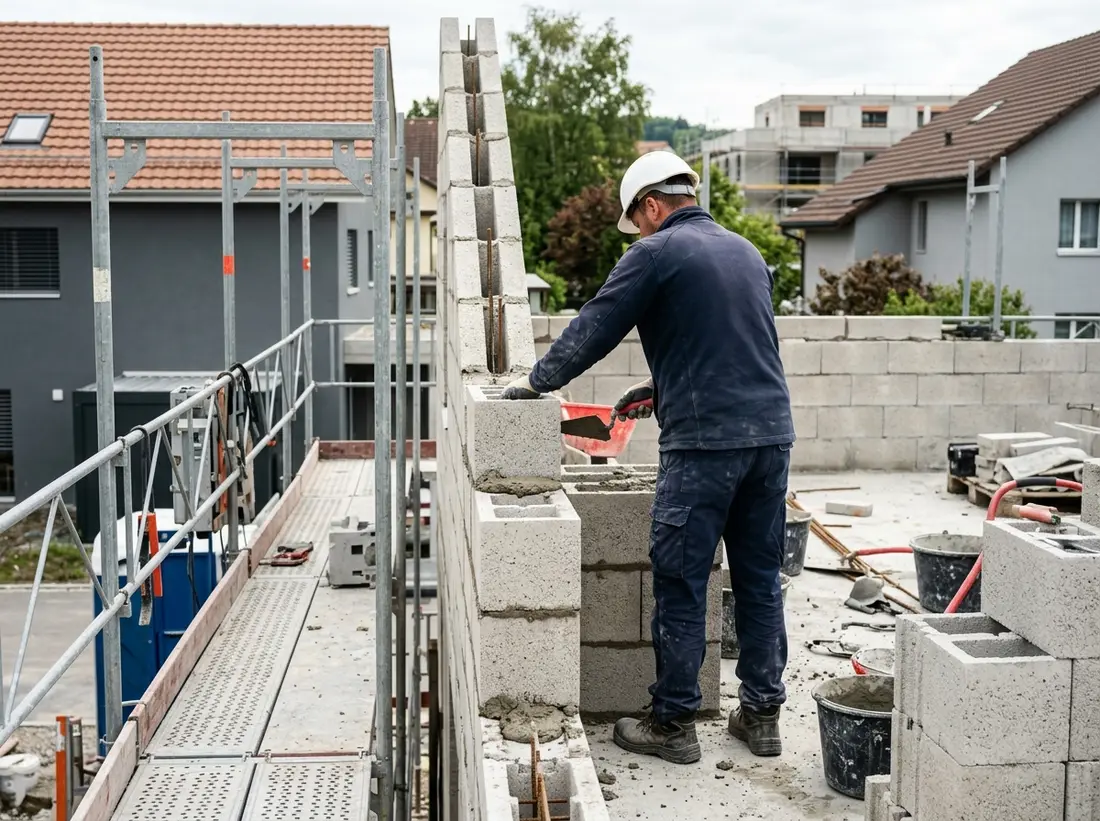 Exemple : chantier de maçonnerie générale, illustration de gros œuvre en Suisse romande