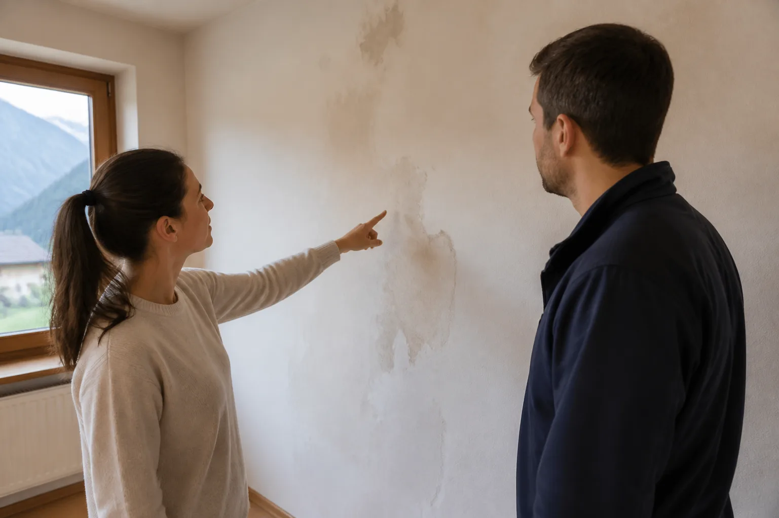 Propriétaire signalant une zone de mur avec une professionnelle, sans manipulation du revêtement