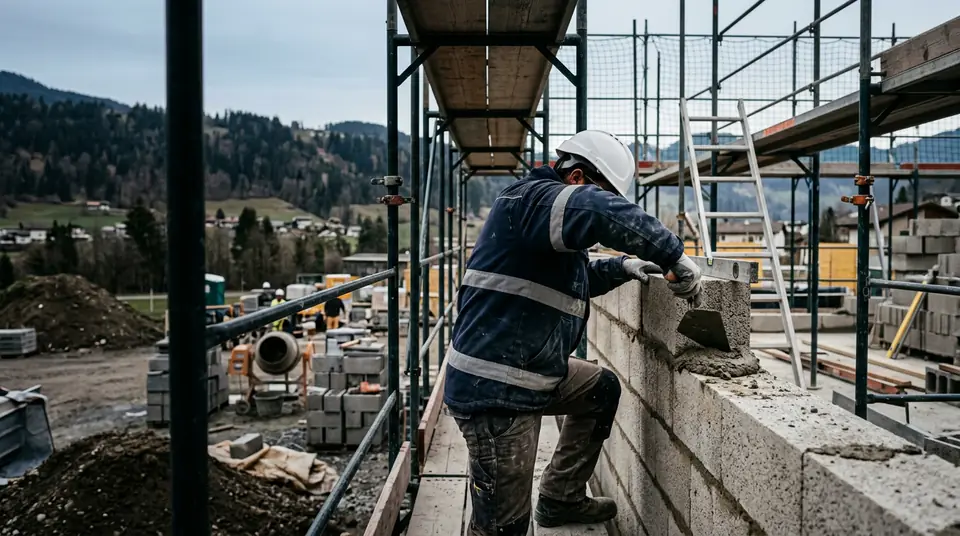 Maçon montant un mur en parpaings sur un chantier en Suisse romande