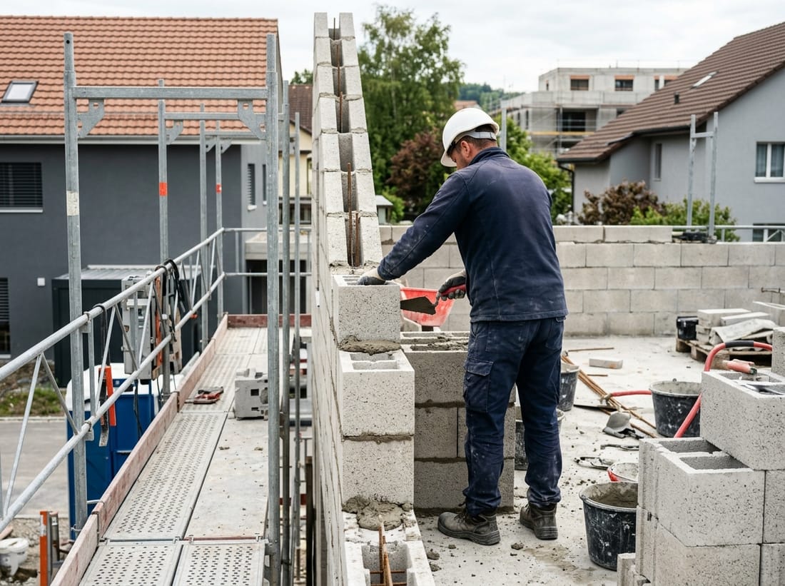 Exemple : maçon montant un mur en parpaings
